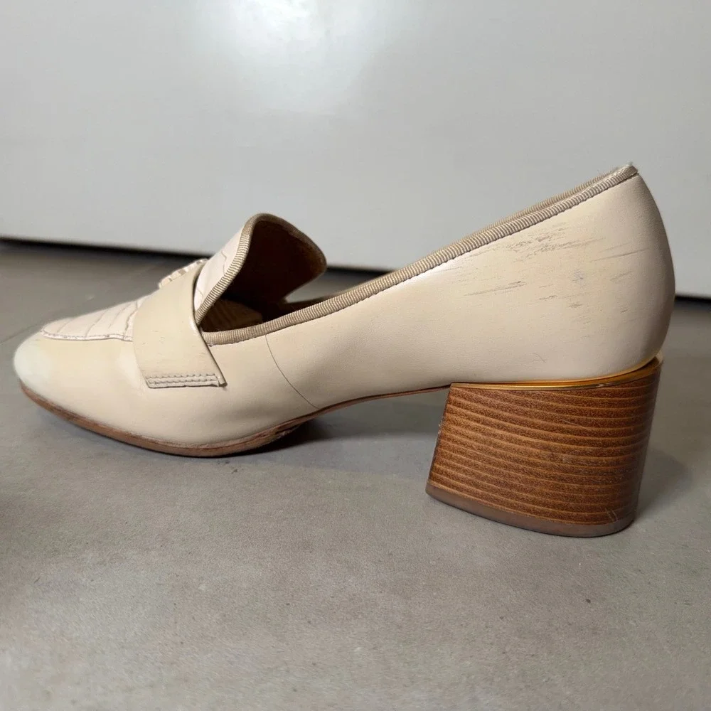 Tory Burch Everly Loafers 8M Cream Leather Block Heel Croc Double T Professional